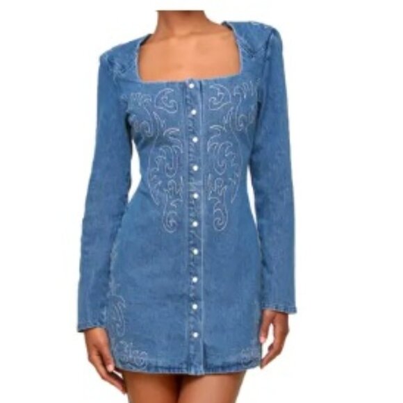 Avec Les Filles Dresses & Skirts - NWT AVEC LES FILLES Blue Denim Embroidered Mini Dress Pearl Buttons Western Girl